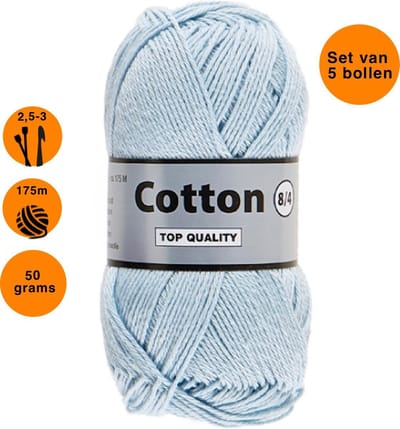 Lammy yarns Cotton eight 8/4 dun katoen garen - licht blauw (050) - pendikte 2,5 a 3mm - 5 bollen van 50 gram