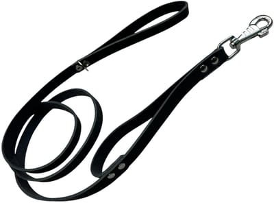 K9World by van der Veeke, Leren Hondenriem met Dubbel Handvat – Zwart leer - 180 cm x 18 mm – Extra Controle – Sterke Verchroomde Musketonhaak – ME Lijn