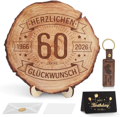 Dailygoods- Boomschijf 60e Verjaardag - Houten Plaat Ø 20 cm - Standaard - Sleutelhanger - Wenskaart met Envelop - Natuurlijk Hout