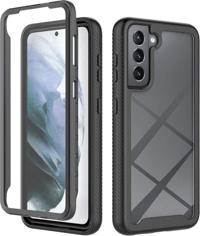Hoesje Geschikt voor Samsung Galaxy S21 FE | Met ingebouwde screenprotector | Full Protect valbescherming | Doorzichtig / Zwart