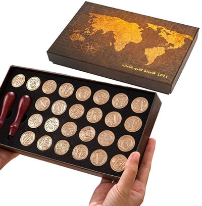 Complete Set voor Lijmzegels met 26 Alfabetletters, Lijmwas en 2 Houten Handvatten voor Kerst, Trouwaankondigingen en Cadeauverpakkingen