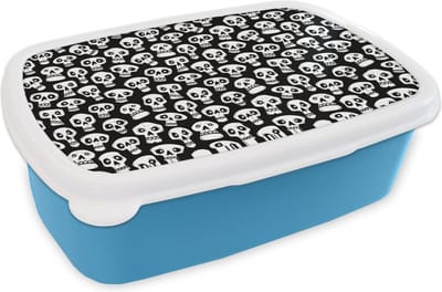 Broodtrommel Blauw - Lunchbox - Brooddoos - Patronen - Skull - Zwart Wit - 18x12x6 cm - Kinderen - Jongen