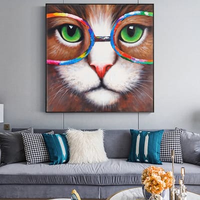 Allernieuwste.nl® Canvas Schilderij Kitten - Kat met Kleurige Bril - Kunst Poster - Dieren - Graffiti - Kleur - 70 x 70 cm