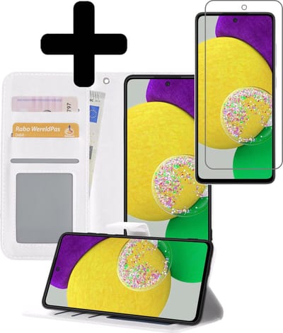 Hoesje - Met Screenprotector - Geschikt voor Samsung Galaxy A52s 5G - Luxe Pasjeshouder - Bookcase Portemonee - Flip Case - Kunstleer Book Case - Flipcase - Book Cover - Walletcase - Portemonneehoes - Telefoonhoesjes - Wit