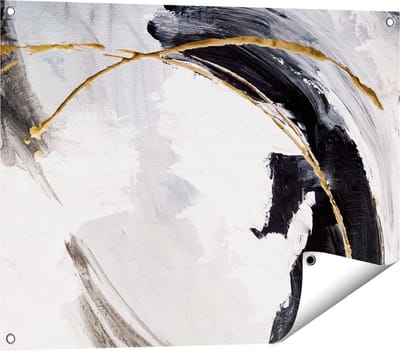 Gards Tuinposter Abstracte Kunst - Wit met Zwart en Goud - 80x60 cm - Tuindoek - Tuindecoratie - Wanddecoratie buiten - Tuinschilderij