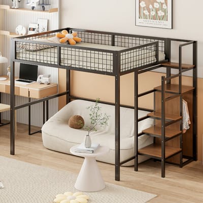 Hoogslaper 140x200 cm met kledingkast - kinderbed met ijzeren frame en opbergplank - metaal - zwart(matras niet inbegrepen)