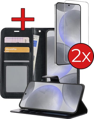 Hoesje - Met 2x Screenprotector - Geschikt voor Samsung Galaxy S24 - Luxe Pasjeshouder - Flip Case - Bookcase Portemonee - Kunstleer Book Case - Flipcase Hoes - Book Cover - Walletcase - Portemonneehoes - Telefoonhoes - Zwart