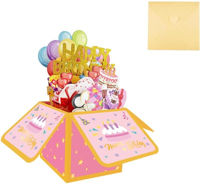 2 stuks verjaardagskaarten, 3D pop-up verjaardagskaarten, handgemaakte vouwkaarten met envelop, verjaardagscadeau voor vrouw, vriendin, mannen en vrienden,roze