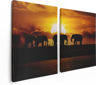 Artaza Canvas Schilderij Tweeluik Silhouet Olifanten Tijdens Zonsondergang - 120x80 - Foto Op Canvas - Canvas Print