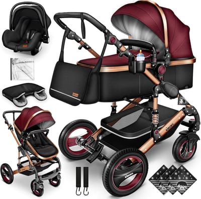 Kinderwagen 3-in-1 - Combi buggy - Veilig op reis - Compleet inclusief accessoires - Tot 13 kg - Bordeaux Goud