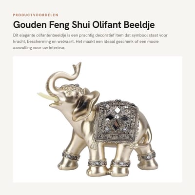 Dailygoods- Beeldje Olifant Gouden Hars - Feng Shui Sculptuur - Rijkdom Decoratie - Kracht en Bescherming - 14x15cm