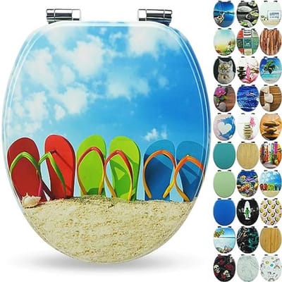 Sanfino® Toilet seat with wooden core and soft-close mechanism - high quality and many colourful motifs, comfortable seat, easy assembly including instructions - "Flip-Flop"