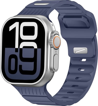Stravo Siliconen Horlogeband met Armor-Style Look Geschikt voor Apple Watch 46mm (Series 10/11) / 45mm (Series 7/8/9) / 44mm (Series 4/5/6, SE 1/2/3) / 49mm (Ultra 1/2/3) – Extra Stevig Bandje van Liquid Silicone - Blauwgrijs