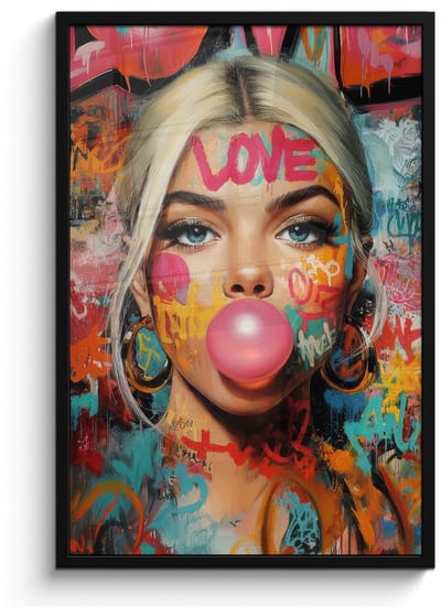 Poster in lijst - Fotolijst 60x90 cm - Posters - Vrouw - Kauwgom - Graffiti - Love - Posterlijst zwart - Decoratie - Wanddecoratie woonkamer - Muurdecoratie slaapkamer