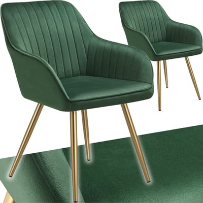 tectake® Eetkamerstoelen Marilyn - Set van 2 - Gestoffeerde Stoel in Fluweellook - Doorgestikt - Zwarte Stoelpoten - Ergonomische Keukenstoel - Doorlopende Rugleuning en Armleuningen - Stoel voor Woonkamer, Eetkamer, Slaapkamer - Groen