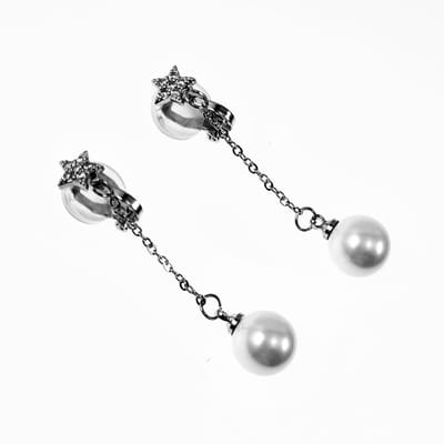 Lange Oorclips Dames - Ster Ontwerp - Zilverkleur - Clip-on Oorbellen met Ketting en Parel