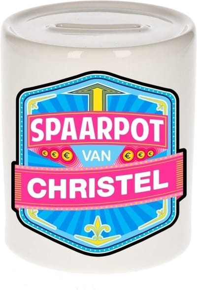 Bellatio Decorations Kinder spaarpot met naam - Christel - keramiek - met dop - wit - Sparen - Spaargeld van Christel