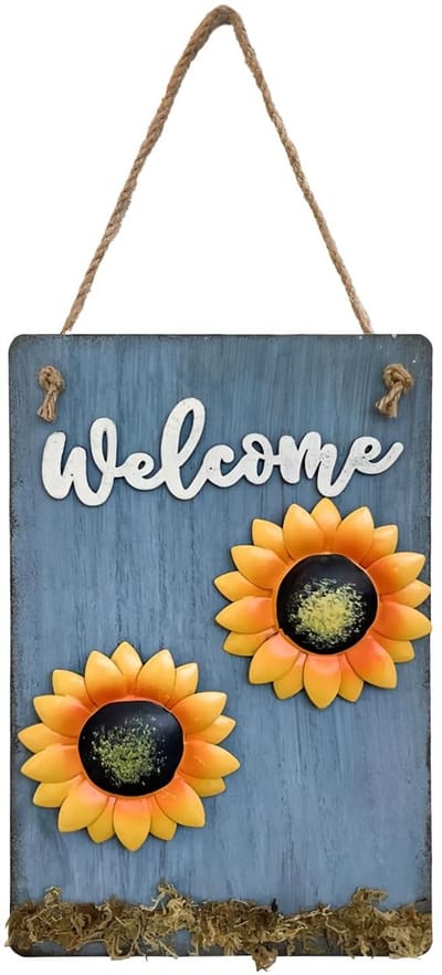 Dailygoods- Welkomstbord Houten Vintage - Wanddecoratie - Tuinpoort - Binnen/Buiten - 11 x 7,1 inch - Zonnebloem/Mos Decoratie - Welkomstplaat