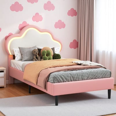 Kinder eenpersoonsbed 90x200cm met ledverlichting, verstelbaar wolkvormig hoofdeinde, voor meisjes, in kunstleer, zonder matras