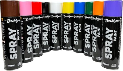 Spuitverf set: 10 kleuren van elk 200 ml. Sneldrogende graffiti-spuitbussen voor hout, steen, metaal, glas. Zwart, wit, blauw, groen, rood, geel, paars, oranje, roze, bruin