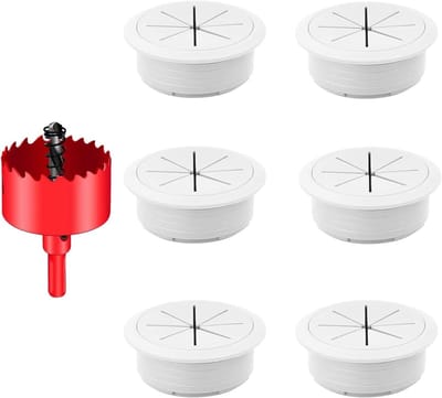 6-delige kabeldoorvoer set voor bureau, 60mm, flexibele kabelgaten, organiseer kabels voor kantoor en thuis, inclusief gatenzaag