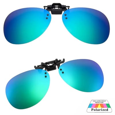 Fako Sunglasses® - Clip On Voorzet Zonnebril Piloot - Overzet Clip-on - Polariserend - Polarized - Piloten Bril - Opklapbaar - 136x50mm - Spiegel Blauw/Groen