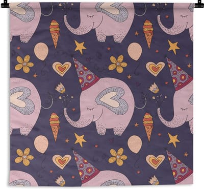 Wandkleed - Wanddoek - Verjaardag - Olifant - Bloemen - Patronen - 90x90 cm - Wandtapijt