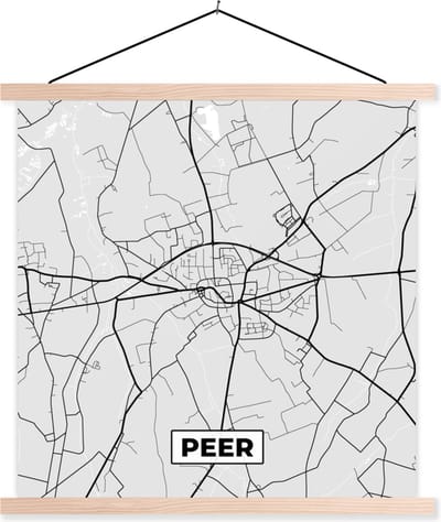 Posterhanger incl. Poster 40x40 cm - Schoolplaat - Stadskaart – Zwart Wit - Kaart – Peer – België – Plattegrond - Textielposter - Blanke latten - Stadskaart