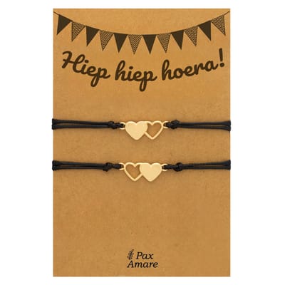 Vriendschapsarmbandjes voor 2 "Hiep Hiep Hoera" - Hartjes - BFF Armbandjes met Verjaardags Cadeau Kaartje - Goudkleurig - Elastisch Verstelbaar - Pax Amare