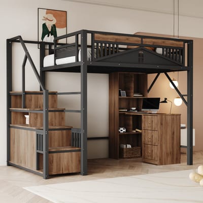 DESMIU Hoogslaper 140x200 cm – Veiligheidshek Met Raamdesign – Trap Met Opbergruimte En Kast – Zonder Matras – Kinderkamer – Metaal En Hout – Zwart