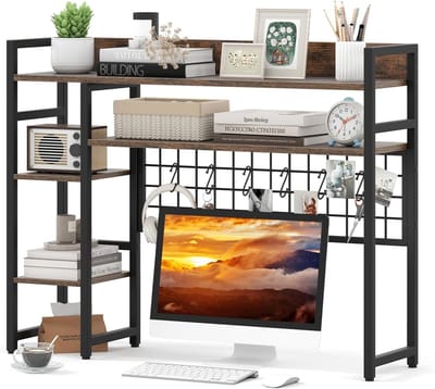 Bureauplank Opzetrek - Tafelrek Monitor - Bureau Organiseren - Met 6 Haken - 94 x 73.5 cm - Bruin
