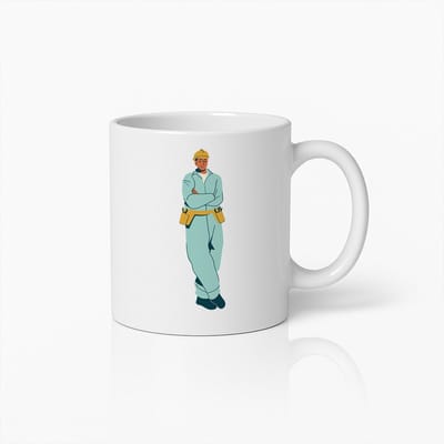 Zelfverzekerde Bouwvakker Cartoon Mok – Perfect Cadeau voor Bouwers en Ingenieurs