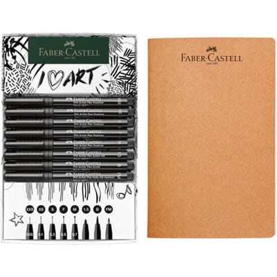 Faber-Castell tekenset - 8x Pitt Artist Pen zwart - met schetsboek - FC-267102