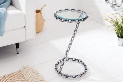 Design bijzettafel CHAINS 35cm zilver handgemaakt metalen rond glazen blad kettingframe - 42234