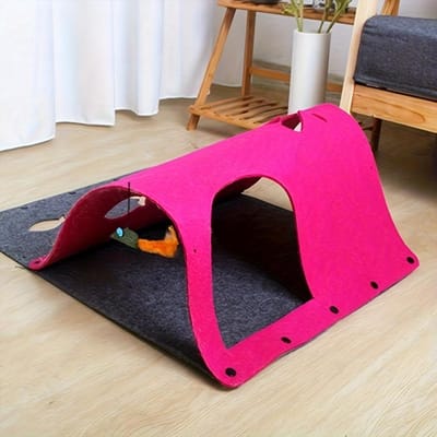 Tunnel pour chat multifonctionnel orange moderne - Canal de jeu et de sommeil convertible en diverses formes, amélioré avec des trous de perçage, comprend un griffoir rose