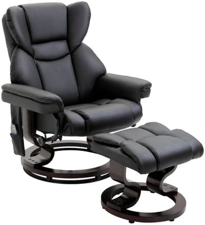 MODFU - Relaxstoel Met Massagefunctie En Voetenbank - Verstelbaar Tot 145° - Draaibaar - Gebonden Leer - Zwart