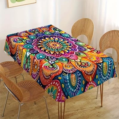 Kleurrijk Mandala Print Rechthoekig Tafelkleed voor Tafeldecoratie Wasbaar Boho Bloemig Keuken Eetkamertafelkleed Feestdecoratie 90x140cm beige