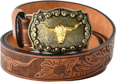 Leren riem met bloemengravure en longhorn bul, stijlvolle western riem voor heren en dames met grote bruine gesp