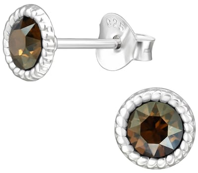 Joy|S - Zilveren ronde oorbellen - kristal brons bruin - 6 mm - oorknoppen - sterling zilver 925 - zilver bolletjes randje