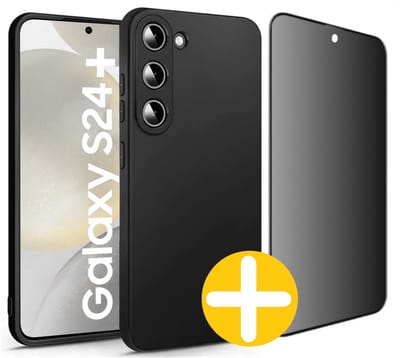 Hoesje en Privacy Screenprotector Combi Geschikt Voor Samsung S24+ (S24 PLUS) - Zwart Hoesje + Privacy Glas