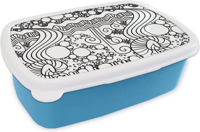 Broodtrommel Blauw - Lunchbox - Brooddoos - Patronen - Abstract - Line Art - Zwart Wit - 18x12x6 cm - Kinderen - Jongen