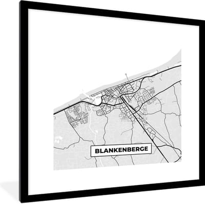 Fotolijst incl. Poster Zwart Wit- Kaart – Plattegrond – Stadskaart – Blankenberge – België – Zwart Wit - 40x40 cm - Posterlijst