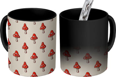 Magische Mok - Foto op Warmte Mokken - Koffiemok - Patronen - Herfst - Paddenstoel - Rood - Magic Mok - Beker - 350 ML - Theemok