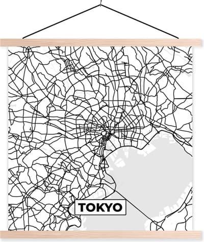 Posterhanger incl. Poster 40x40 cm - Schoolplaat - Kaart - Tokyo - Stadskaart - Zwart Wit - Plattegrond - Textielposter - Blanke latten - Stadskaart