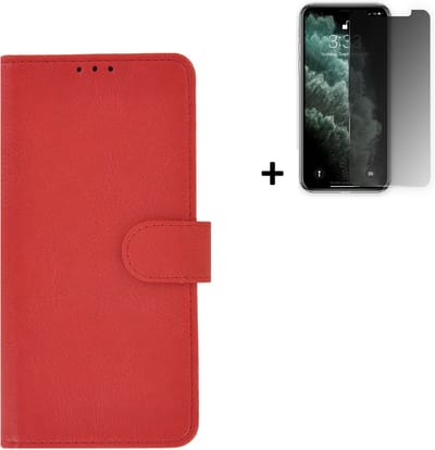 Hoesje Geschikt voor iPhone 11 + Screenprotector iPhone 11 - iPhone 11 Hoes Wallet Bookcase Rood + Privacy Tempered Glass