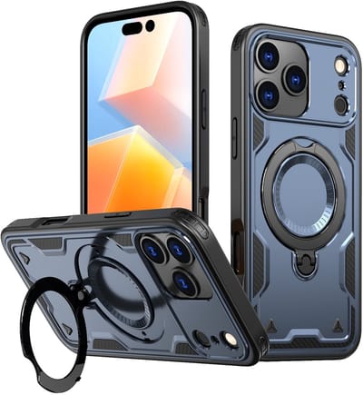 Hoesje Geschikt voor iPhone 17 Pro Max Hoesje Donker Blauw - Geschikt voor MagSafe Armor Hoesje met Met Draaibare Ring Houder