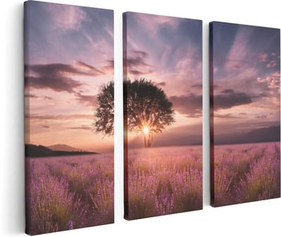 Artaza Canvas Schilderij Drieluik Bloemenveld Met Lavendel Bij Zonsondergang - 120x80 - Foto Op Canvas - Canvas Print