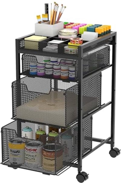 Rolwagen met 3 Laden en Afsluitbare Wielen - Multifunctionele Organizer voor Kunstbenodigdheden