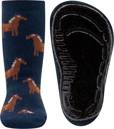 Ewers Antislipsok Donkerblauw met Bruine Paarden - Siliconenzool-19/20