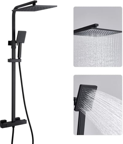 Auralum Max Regendouche Doucheset - Vierkant Regendoucheset - Inclusief koperen thermostaatkraan - 10" Douchekop - Verstelbare Hoogte 88-125cm - Waterbesparend - Zwart